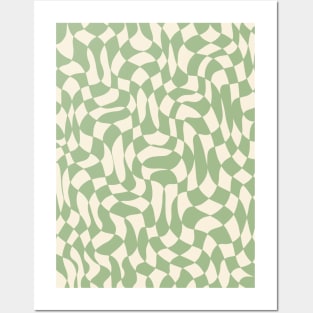 Green and Cream Distorted Warped Checkerboard Pattern IV Posters and Art